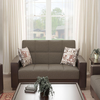 Modern design, Tannin Brown, Dark Brown , Chenille, Artificial Leather upholstered convertible sleeper Loveseat with underseat storage from Voyage Track by Ottomanson in living room lifestyle setting by itself. This Loveseat measures 67 inches width by 36 inches depth by 41 inches height.