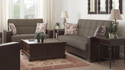 Modern design, Tannin Brown, Dark Brown , Chenille, Artificial Leather upholstered convertible sleeper Loveseat with underseat storage from Voyage Track by Ottomanson in living room lifestyle setting with another piece of furniture. This Loveseat measures 67 inches width by 36 inches depth by 41 inches height.