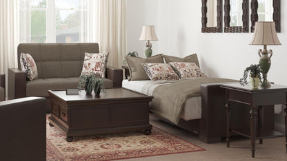 Modern design, Tannin Brown, Dark Brown , Chenille, Artificial Leather  upholstered convertible sleeper Loveseat with underseat storage from Voyage Track by Ottomanson in living room lifestyle setting converted to sleeper. This Loveseat measures 67 inches width by 36 inches depth by 41 inches height.
