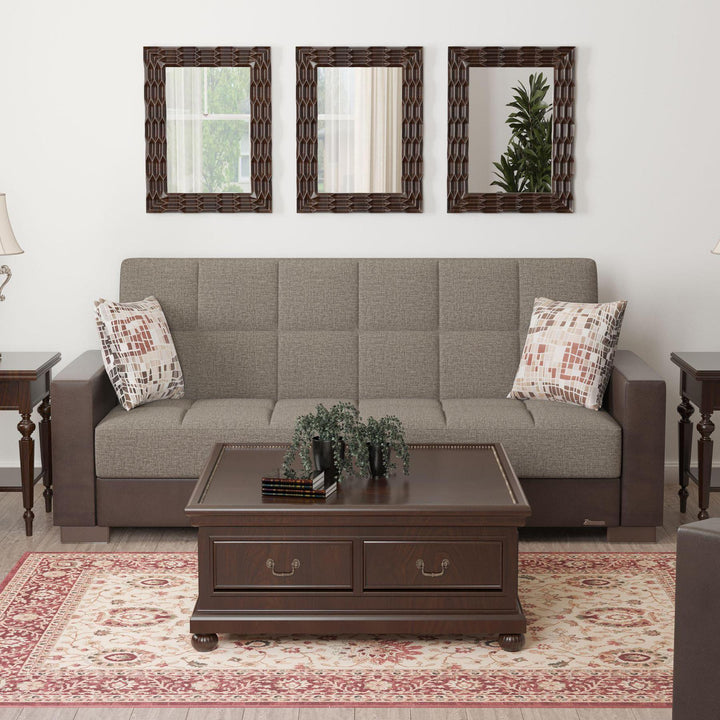 Modern design, Tannin Brown, Dark Brown , Chenille, Artificial Leather upholstered convertible sleeper Sofabed with underseat storage from Voyage Track by Ottomanson in living room lifestyle setting by itself. This Sofabed measures 90 inches width by 36 inches depth by 41 inches height.