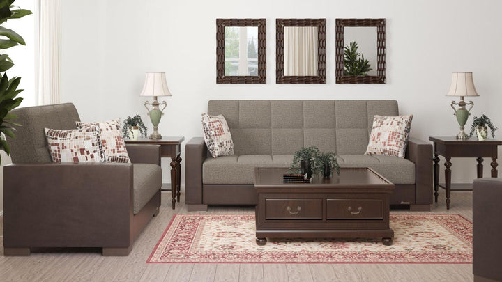 Modern design, Tannin Brown, Dark Brown , Chenille, Artificial Leather upholstered convertible sleeper Sofabed with underseat storage from Voyage Track by Ottomanson in living room lifestyle setting with another piece of furniture. This Sofabed measures 90 inches width by 36 inches depth by 41 inches height.