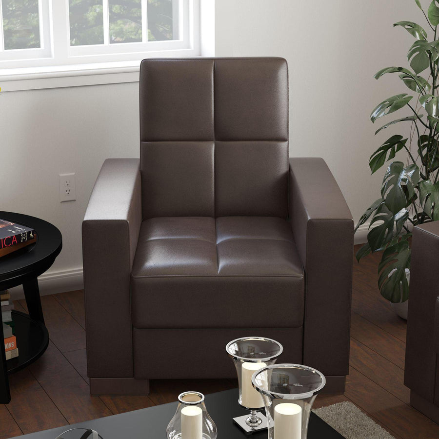 Modern design, Dark Brown , Artificial Leather upholstered convertible Armchair with underseat storage from Voyage Track by Ottomanson in living room lifestyle setting by itself. This Armchair measures 38 inches width by 36 inches depth by 41 inches height.