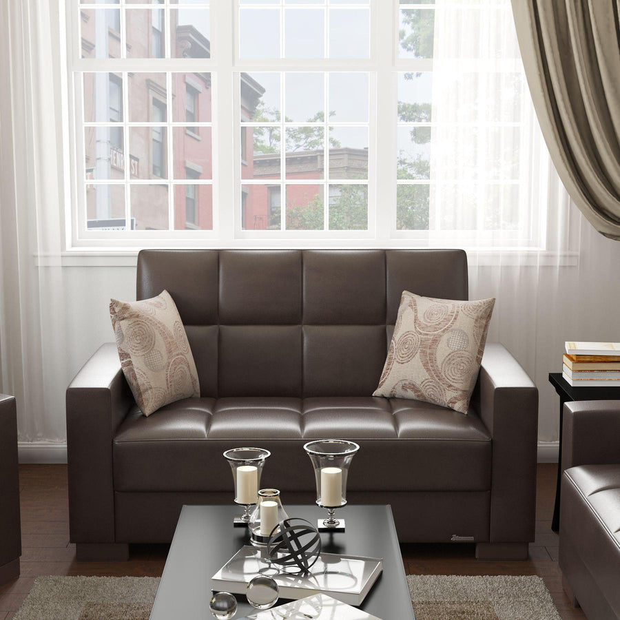 Modern design, Dark Brown , Artificial Leather upholstered convertible sleeper Loveseat with underseat storage from Voyage Track by Ottomanson in living room lifestyle setting by itself. This Loveseat measures 67 inches width by 36 inches depth by 41 inches height.
