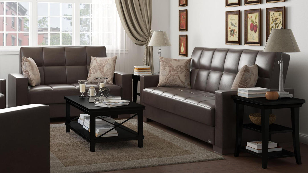 Modern design, Dark Brown , Artificial Leather upholstered convertible sleeper Loveseat with underseat storage from Voyage Track by Ottomanson in living room lifestyle setting with another piece of furniture. This Loveseat measures 67 inches width by 36 inches depth by 41 inches height.