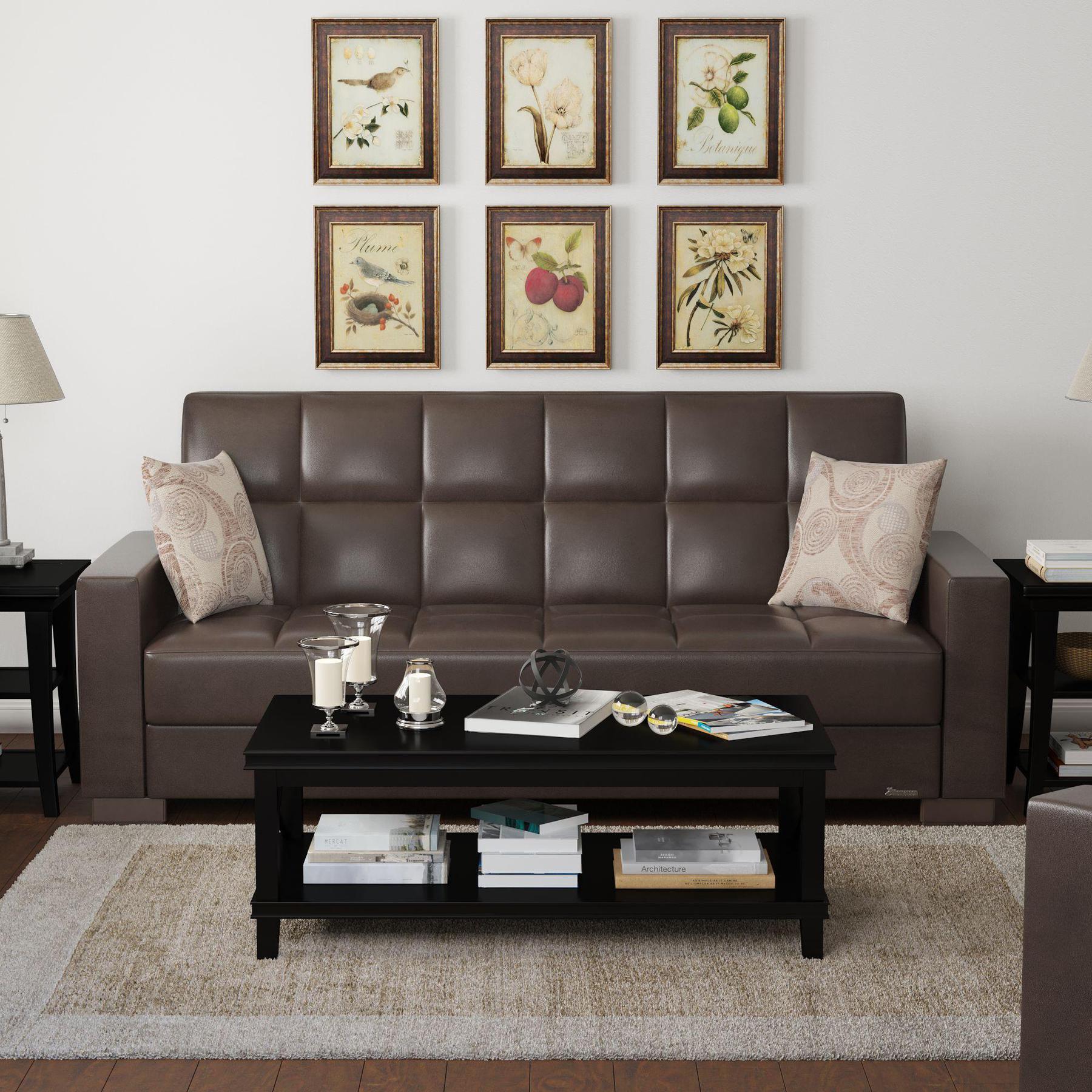 Modern design, Dark Brown , Artificial Leather upholstered convertible sleeper Sofabed with underseat storage from Voyage Track by Ottomanson in living room lifestyle setting by itself. This Sofabed measures 90 inches width by 36 inches depth by 41 inches height.