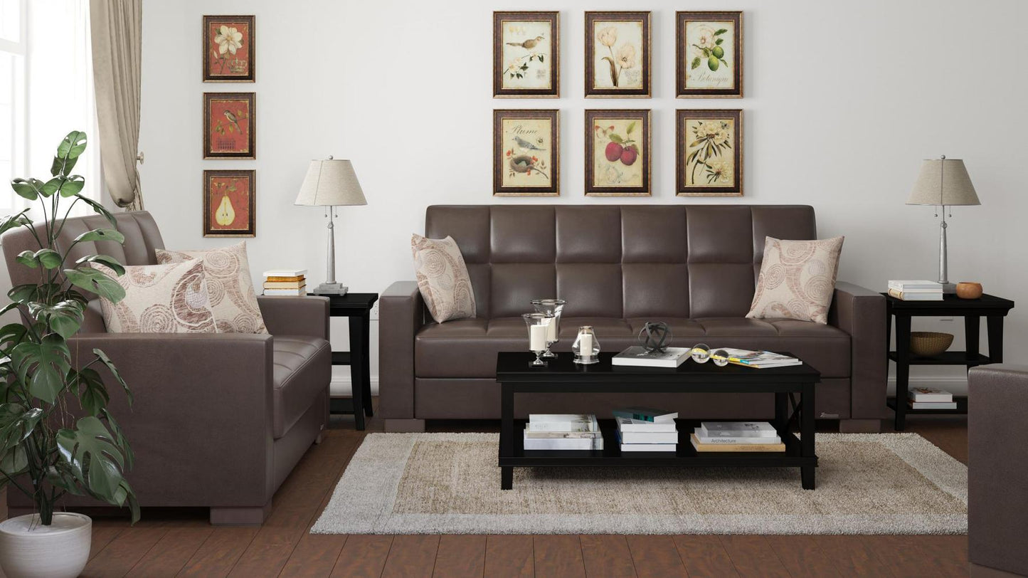 Modern design, Dark Brown , Artificial Leather upholstered convertible sleeper Sofabed with underseat storage from Voyage Track by Ottomanson in living room lifestyle setting with another piece of furniture. This Sofabed measures 90 inches width by 36 inches depth by 41 inches height.