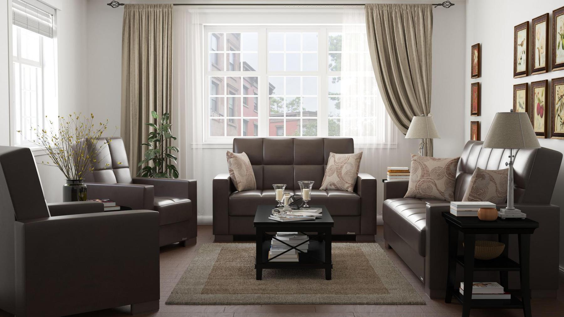 Modern design, Dark Brown , Artificial Leather upholstered convertible sleeper Sofabed with underseat storage from Voyage Track by Ottomanson in living room lifestyle setting with the matching furniture set. This Sofabed measures 90 inches width by 36 inches depth by 41 inches height.