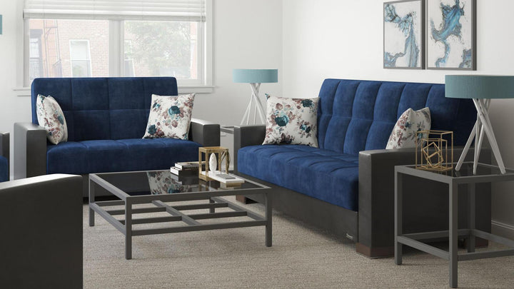 Modern design, Snorkel Blue, Black , Microfiber, Artificial Leather upholstered convertible sleeper Loveseat with underseat storage from Voyage Track by Ottomanson in living room lifestyle setting with another piece of furniture. This Loveseat measures 67 inches width by 36 inches depth by 41 inches height.