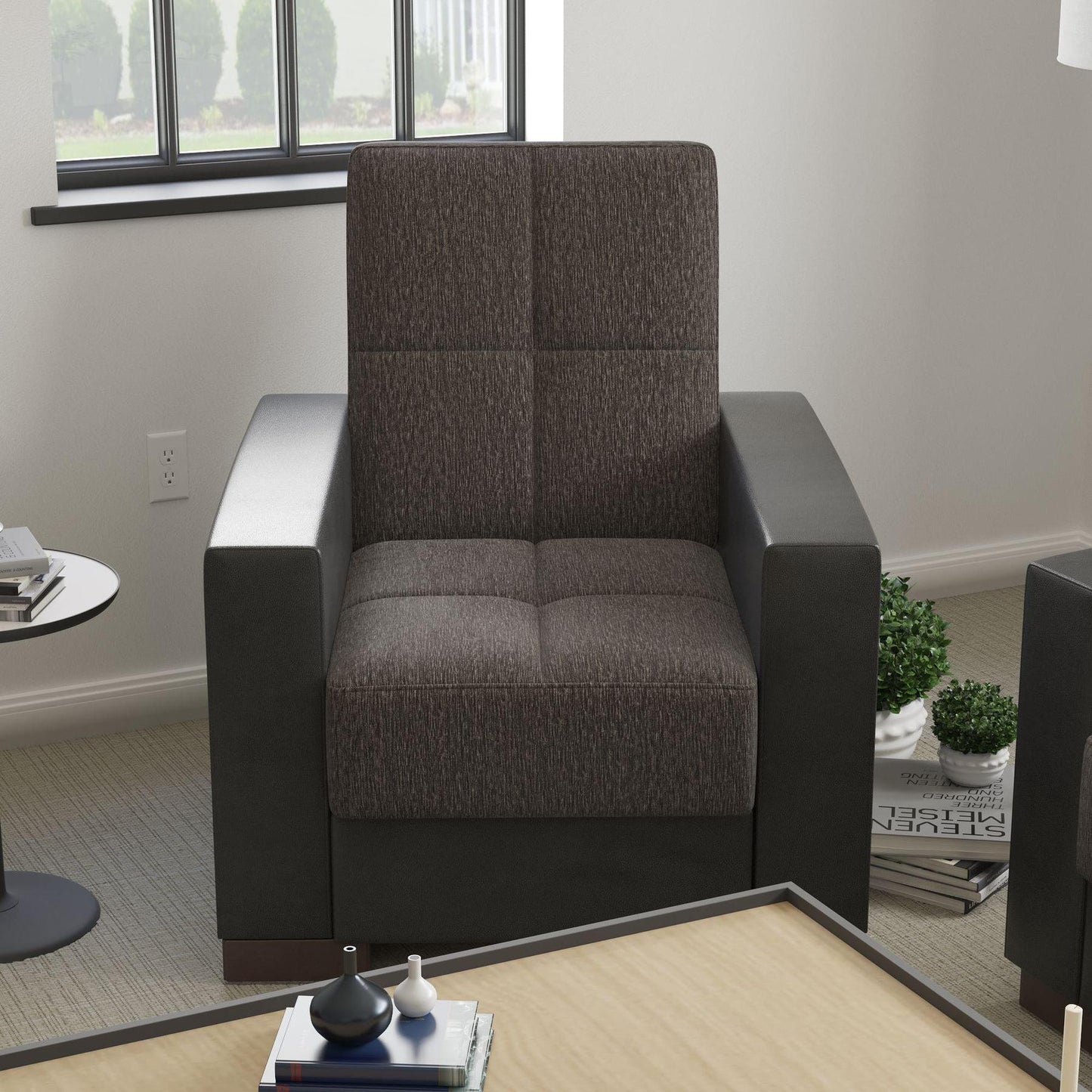 Modern design, Dark Slate Gray, Black , Chenille, Artificial Leather upholstered convertible Armchair with underseat storage from Voyage Track by Ottomanson in living room lifestyle setting by itself. This Armchair measures 38 inches width by 36 inches depth by 41 inches height.