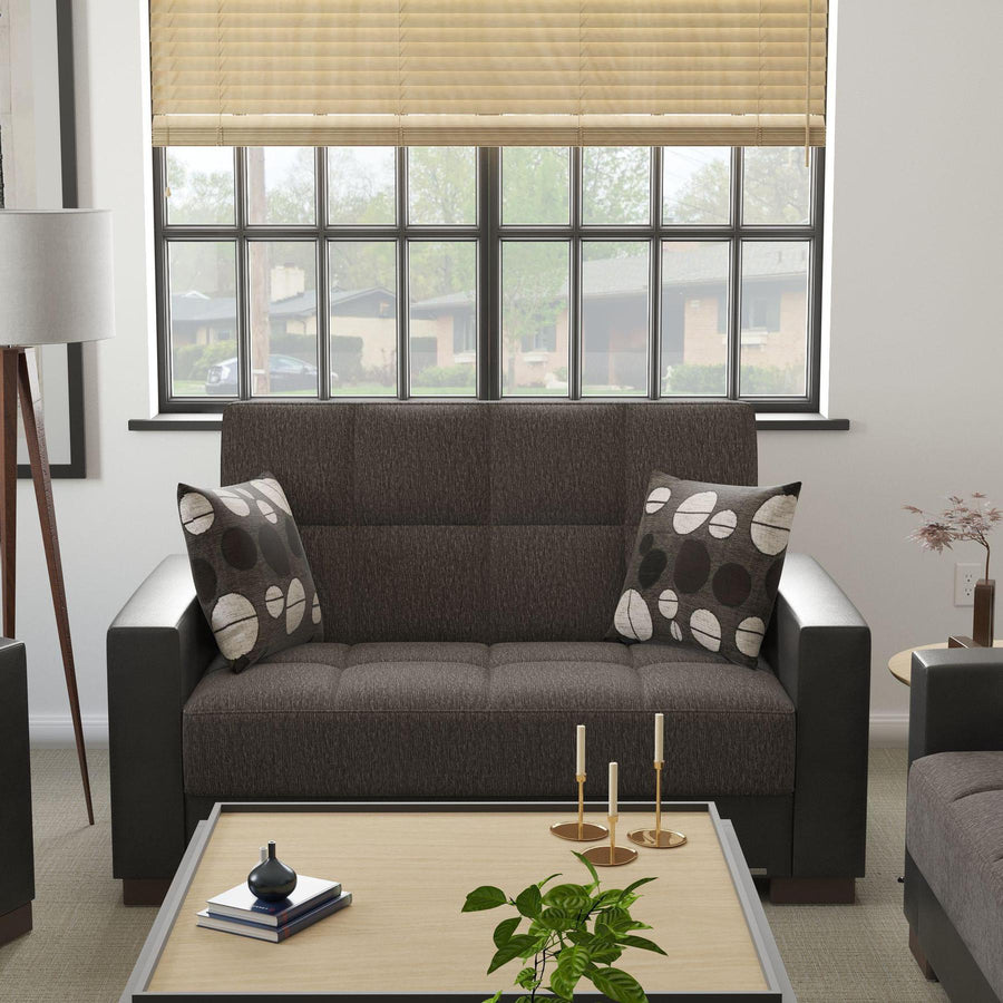 Modern design, Dark Slate Gray, Black , Chenille, Artificial Leather upholstered convertible sleeper Loveseat with underseat storage from Voyage Track by Ottomanson in living room lifestyle setting by itself. This Loveseat measures 67 inches width by 36 inches depth by 41 inches height.