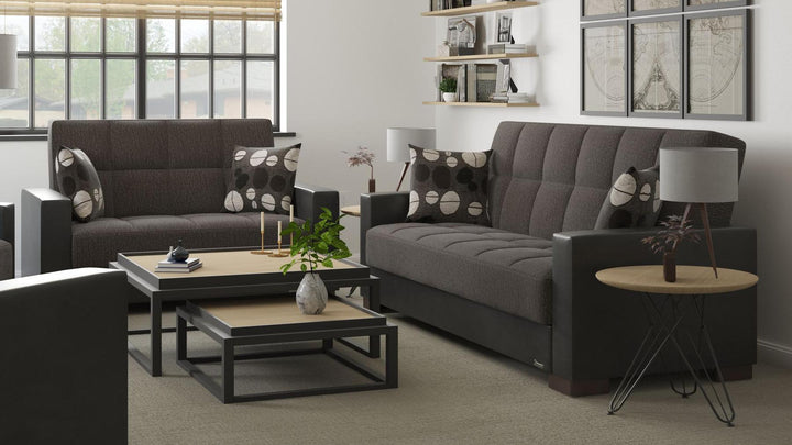 Modern design, Dark Slate Gray, Black , Chenille, Artificial Leather upholstered convertible sleeper Loveseat with underseat storage from Voyage Track by Ottomanson in living room lifestyle setting with another piece of furniture. This Loveseat measures 67 inches width by 36 inches depth by 41 inches height.