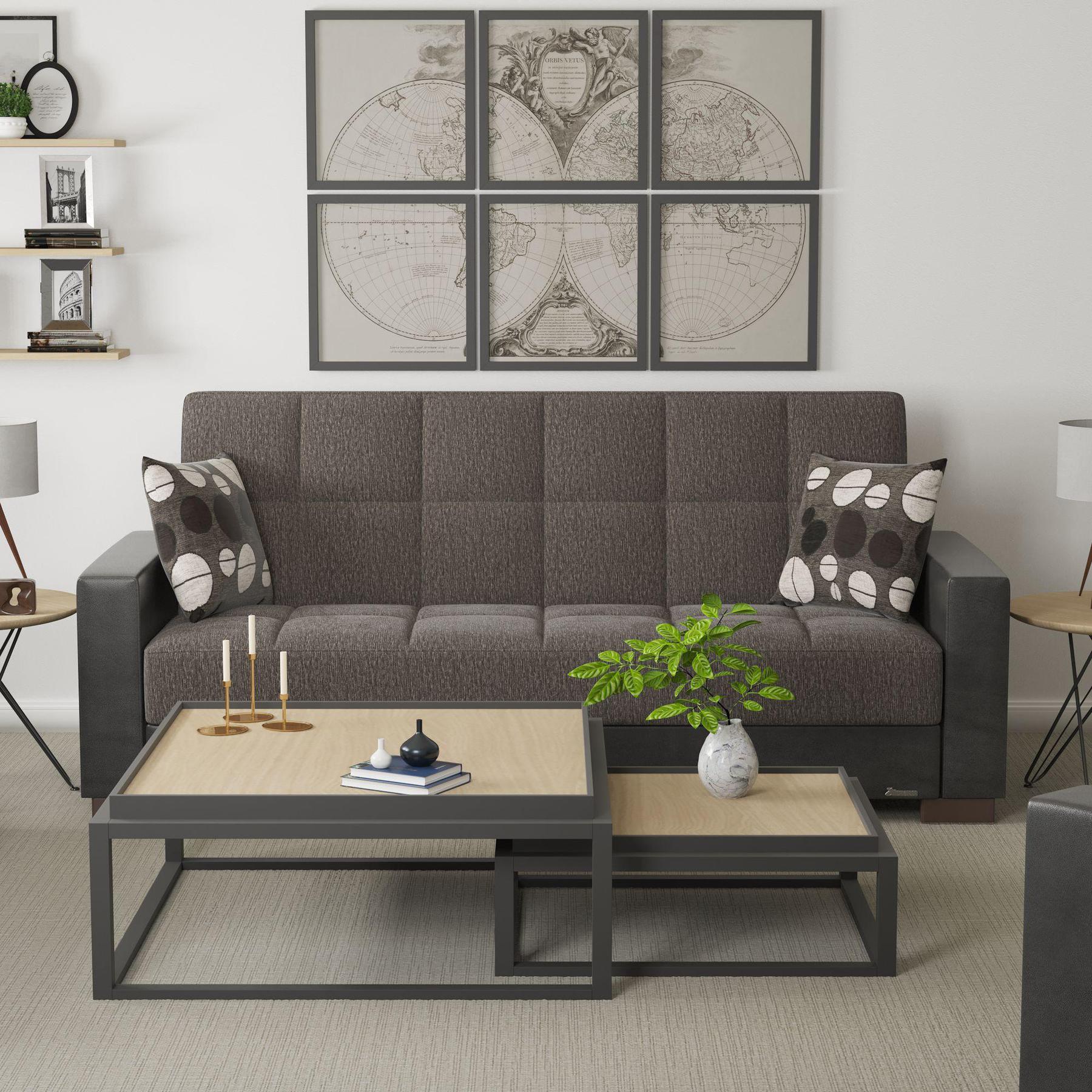 Modern design, Dark Slate Gray, Black , Chenille, Artificial Leather upholstered convertible sleeper Sofabed with underseat storage from Voyage Track by Ottomanson in living room lifestyle setting by itself. This Sofabed measures 90 inches width by 36 inches depth by 41 inches height.
