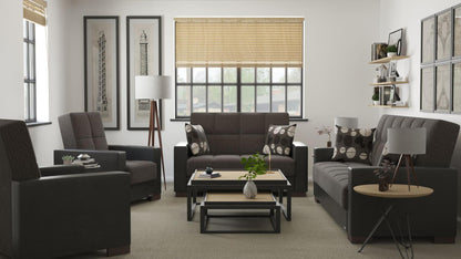 Modern design, Dark Slate Gray, Black , Chenille, Artificial Leather upholstered convertible sleeper Sofabed with underseat storage from Voyage Track by Ottomanson in living room lifestyle setting with the matching furniture set. This Sofabed measures 90 inches width by 36 inches depth by 41 inches height.