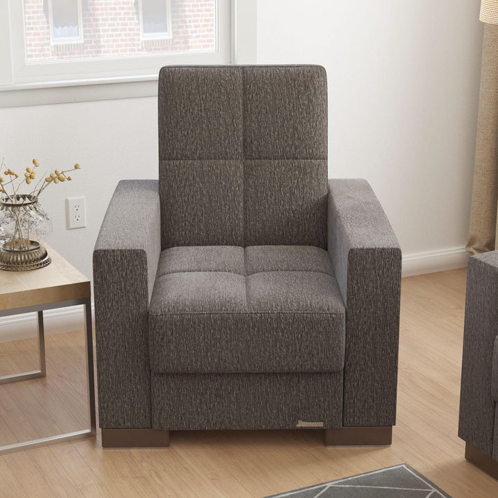 Modern design, Dark Slate Gray , Chenille upholstered convertible Armchair with underseat storage from Voyage Track by Ottomanson in living room lifestyle setting by itself. This Armchair measures 38 inches width by 36 inches depth by 41 inches height.