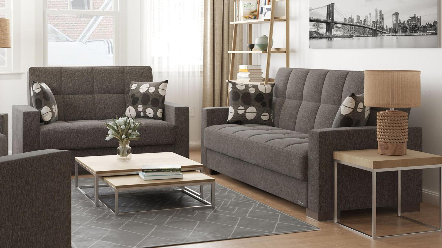 Modern design, Dark Slate Gray , Chenille upholstered convertible sleeper Loveseat with underseat storage from Voyage Track by Ottomanson in living room lifestyle setting with another piece of furniture. This Loveseat measures 67 inches width by 36 inches depth by 41 inches height.