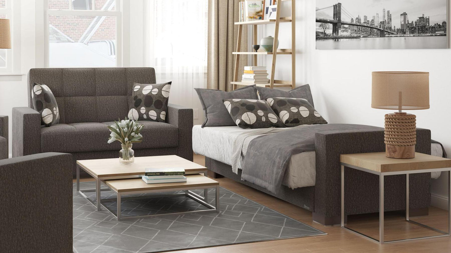Modern design, Dark Slate Gray , Chenille  upholstered convertible sleeper Loveseat with underseat storage from Voyage Track by Ottomanson in living room lifestyle setting converted to sleeper. This Loveseat measures 67 inches width by 36 inches depth by 41 inches height.