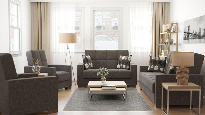 Modern design, Dark Slate Gray , Chenille upholstered convertible sleeper Sofabed with underseat storage from Voyage Track by Ottomanson in living room lifestyle setting with the matching furniture set. This Sofabed measures 90 inches width by 36 inches depth by 41 inches height.