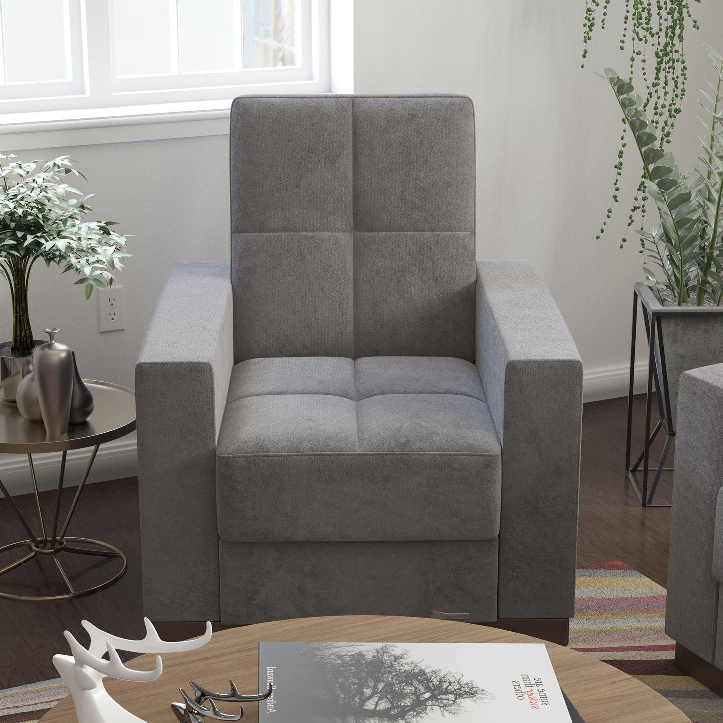 Modern design, Pewter Gray , Microfiber upholstered convertible Armchair with underseat storage from Voyage Track by Ottomanson in living room lifestyle setting by itself. This Armchair measures 38 inches width by 36 inches depth by 41 inches height.