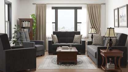 Modern design, Black , Microfiber upholstered convertible sleeper Loveseat with underseat storage from Voyage Track by Ottomanson in living room lifestyle setting with the matching furniture set. This Loveseat measures 67 inches width by 36 inches depth by 41 inches height.