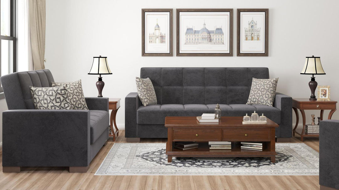 Modern design, Black , Microfiber upholstered convertible sleeper Sofabed with underseat storage from Voyage Track by Ottomanson in living room lifestyle setting with another piece of furniture. This Sofabed measures 90 inches width by 36 inches depth by 41 inches height.