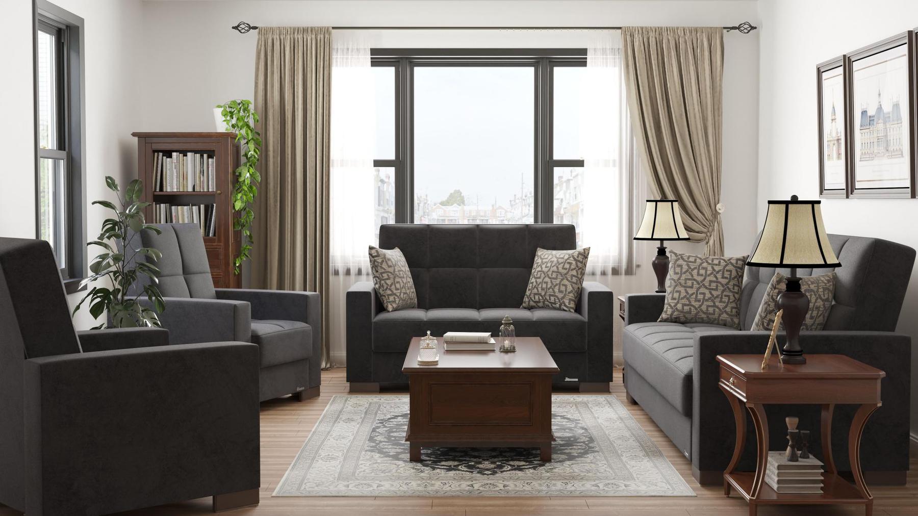 Modern design, Black , Microfiber upholstered convertible sleeper Sofabed with underseat storage from Voyage Track by Ottomanson in living room lifestyle setting with the matching furniture set. This Sofabed measures 90 inches width by 36 inches depth by 41 inches height.