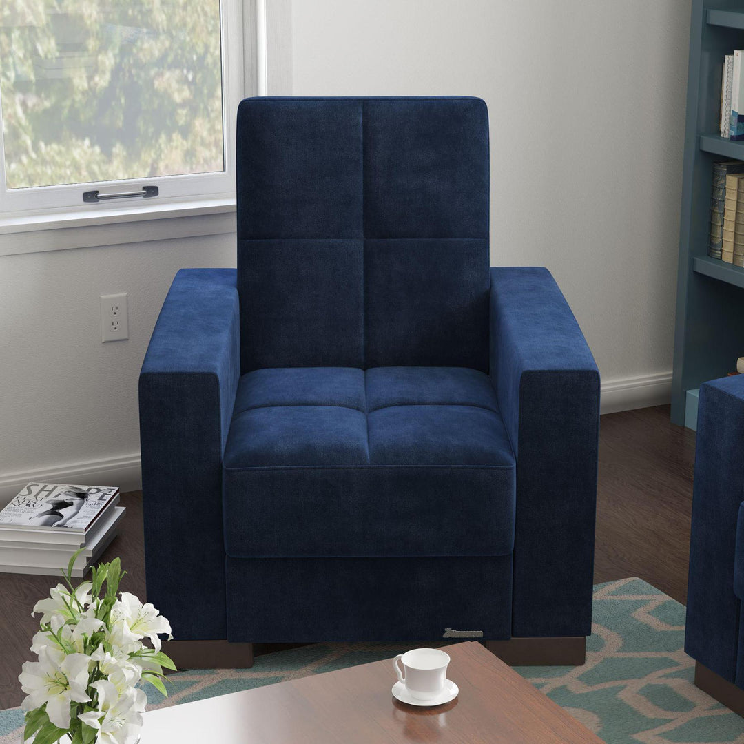 Modern design, True Blue , Microfiber upholstered convertible Armchair with underseat storage from Voyage Track by Ottomanson in living room lifestyle setting by itself. This Armchair measures 38 inches width by 36 inches depth by 41 inches height.