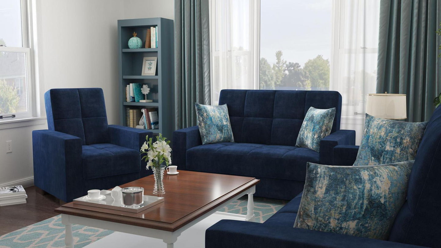 Modern design, True Blue , Microfiber upholstered convertible Armchair with underseat storage from Voyage Track by Ottomanson in living room lifestyle setting with another piece of furniture. This Armchair measures 38 inches width by 36 inches depth by 41 inches height.