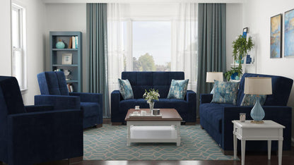 Modern design, True Blue , Microfiber upholstered convertible Armchair with underseat storage from Voyage Track by Ottomanson in living room lifestyle setting with the matching furniture set. This Armchair measures 38 inches width by 36 inches depth by 41 inches height.