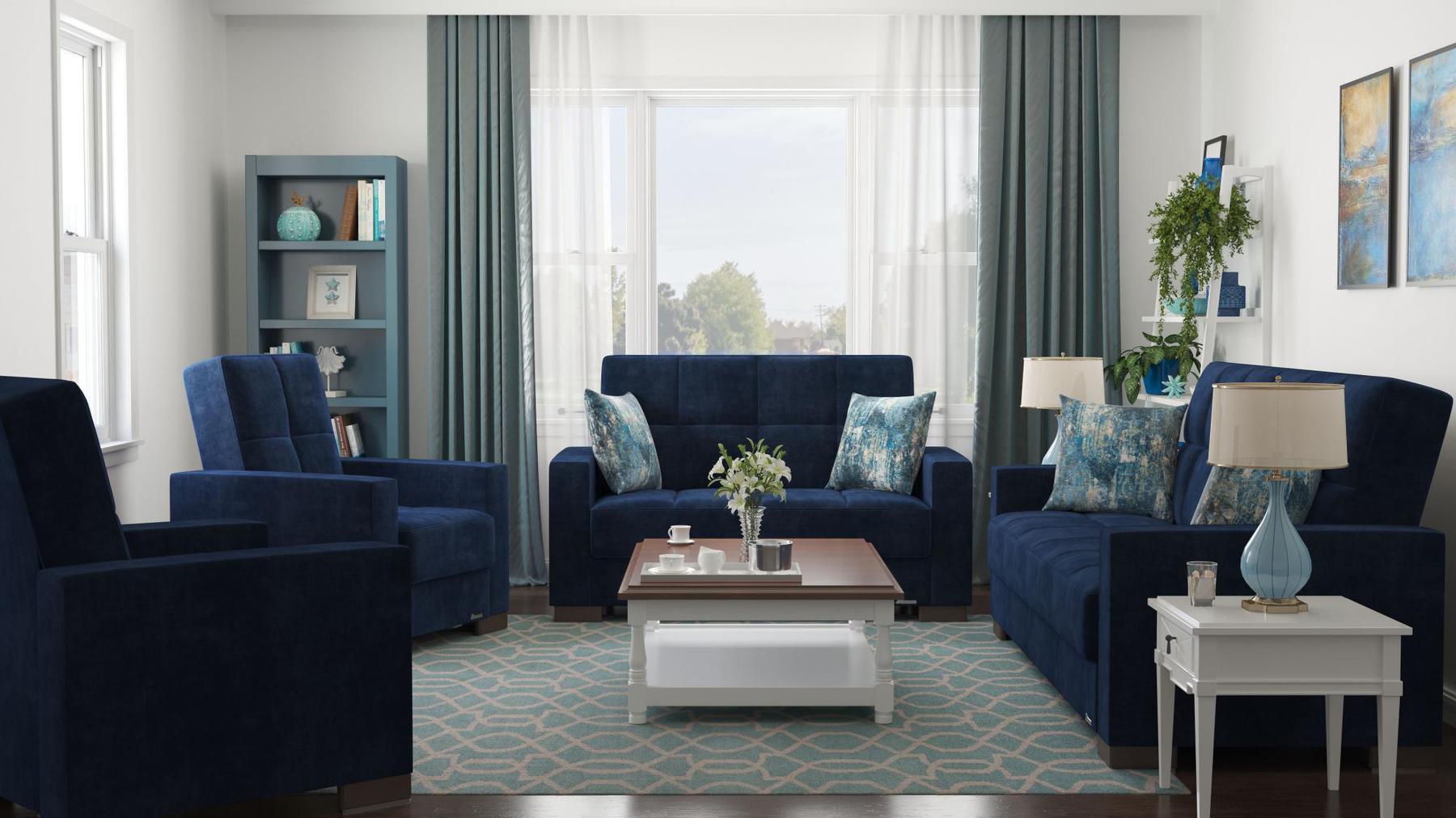 Modern design, True Blue , Microfiber upholstered convertible sleeper Loveseat with underseat storage from Voyage Track by Ottomanson in living room lifestyle setting with the matching furniture set. This Loveseat measures 67 inches width by 36 inches depth by 41 inches height.