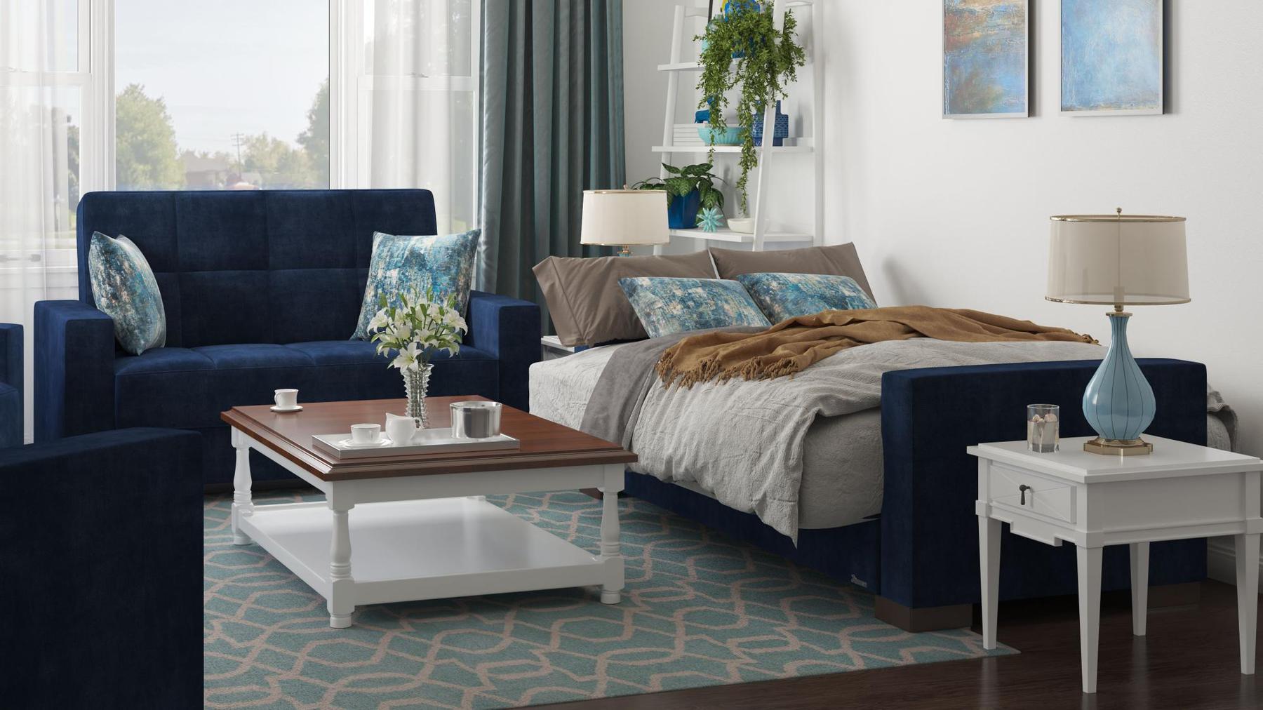 Modern design, True Blue , Microfiber  upholstered convertible sleeper Loveseat with underseat storage from Voyage Track by Ottomanson in living room lifestyle setting converted to sleeper. This Loveseat measures 67 inches width by 36 inches depth by 41 inches height.
