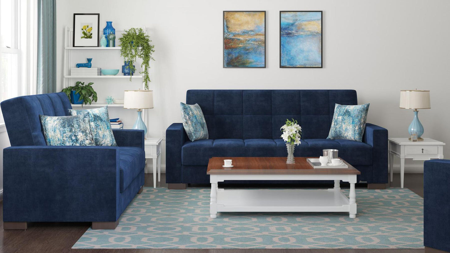 Modern design, True Blue , Microfiber upholstered convertible sleeper Sofabed with underseat storage from Voyage Track by Ottomanson in living room lifestyle setting with another piece of furniture. This Sofabed measures 90 inches width by 36 inches depth by 41 inches height.