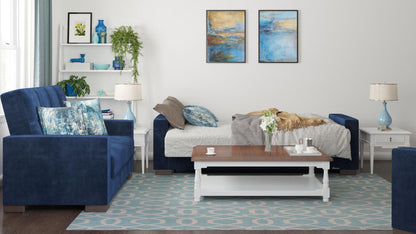 Modern design, True Blue , Microfiber  upholstered convertible sleeper Sofabed with underseat storage from Voyage Track by Ottomanson in living room lifestyle setting converted to sleeper. This Sofabed measures 90 inches width by 36 inches depth by 41 inches height.
