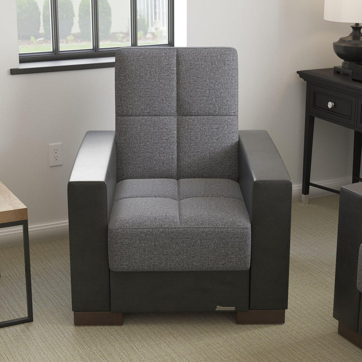 Modern design, Salt and Pepper Gray, Black , Chenille, Artificial Leather upholstered convertible Armchair with underseat storage from Voyage Track by Ottomanson in living room lifestyle setting by itself. This Armchair measures 38 inches width by 36 inches depth by 41 inches height.