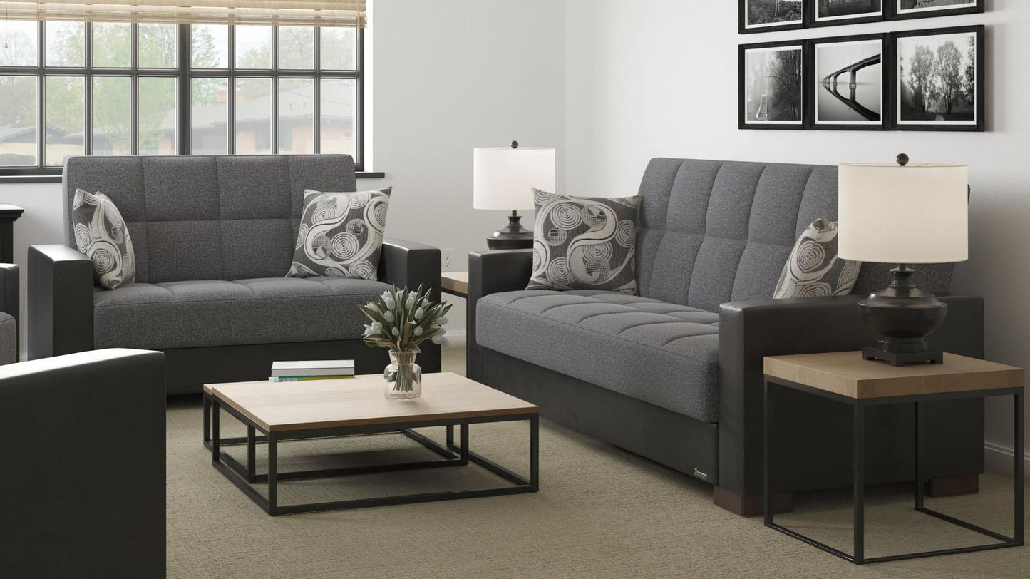 Modern design, Salt and Pepper Gray, Black , Chenille, Artificial Leather upholstered convertible sleeper Loveseat with underseat storage from Voyage Track by Ottomanson in living room lifestyle setting with another piece of furniture. This Loveseat measures 67 inches width by 36 inches depth by 41 inches height.