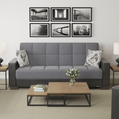 Modern design, Salt and Pepper Gray, Black , Chenille, Artificial Leather upholstered convertible sleeper Sofabed with underseat storage from Voyage Track by Ottomanson in living room lifestyle setting by itself. This Sofabed measures 90 inches width by 36 inches depth by 41 inches height.