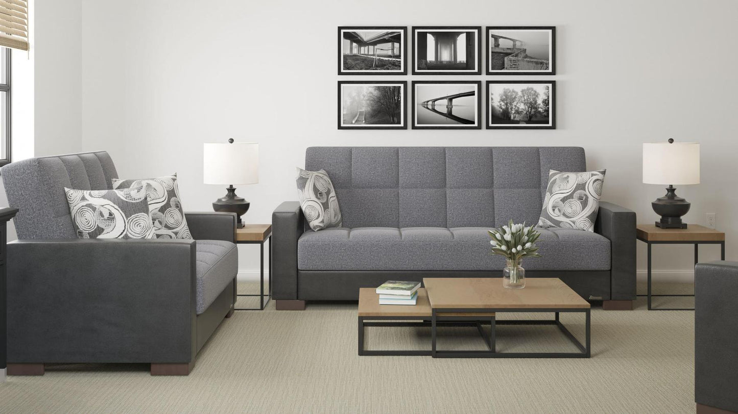 Modern design, Salt and Pepper Gray, Black , Chenille, Artificial Leather upholstered convertible sleeper Sofabed with underseat storage from Voyage Track by Ottomanson in living room lifestyle setting with another piece of furniture. This Sofabed measures 90 inches width by 36 inches depth by 41 inches height.