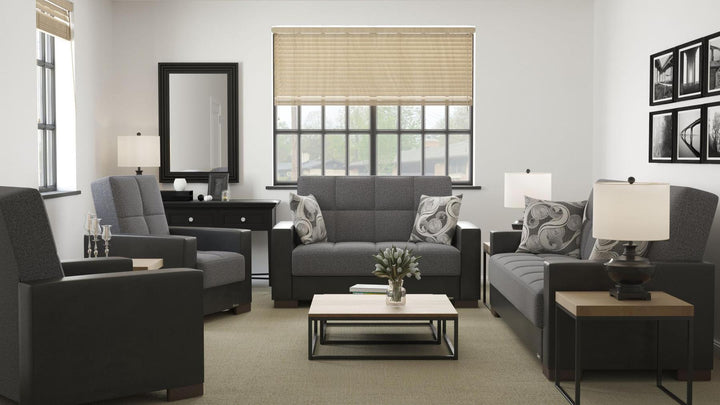 Modern design, Salt and Pepper Gray, Black , Chenille, Artificial Leather upholstered convertible sleeper Sofabed with underseat storage from Voyage Track by Ottomanson in living room lifestyle setting with the matching furniture set. This Sofabed measures 90 inches width by 36 inches depth by 41 inches height.