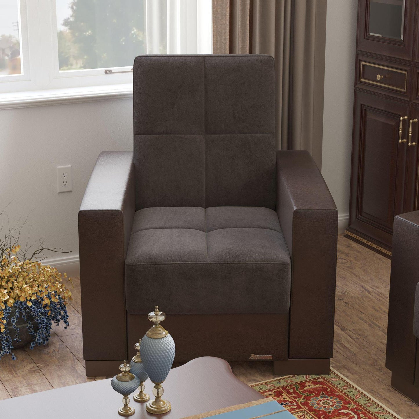 Modern design, Friar Brown, Dark Brown , Microfiber, Artificial Leather upholstered convertible Armchair with underseat storage from Voyage Track by Ottomanson in living room lifestyle setting by itself. This Armchair measures 38 inches width by 36 inches depth by 41 inches height.