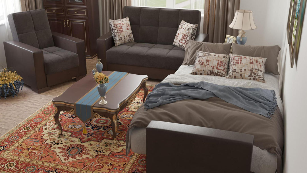 Modern design, Friar Brown, Dark Brown , Microfiber, Artificial Leather  upholstered convertible Armchair with underseat storage from Voyage Track by Ottomanson in living room lifestyle setting converted to sleeper. This Armchair measures 38 inches width by 36 inches depth by 41 inches height.