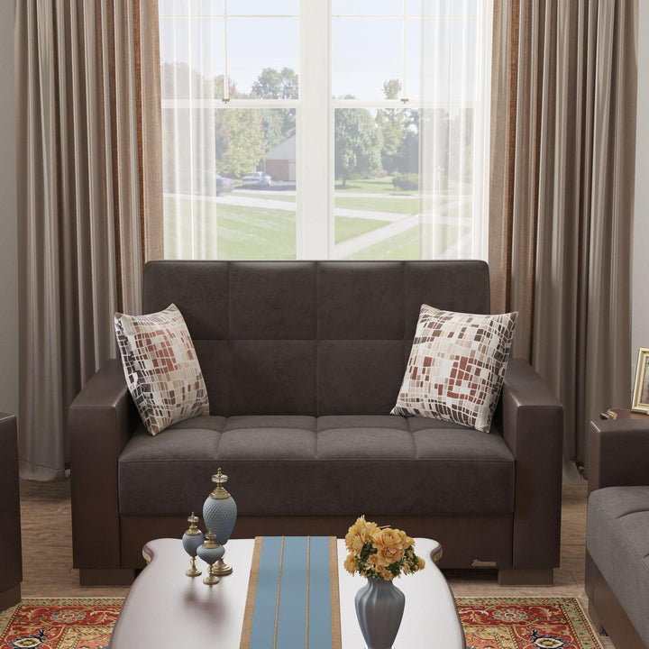 Modern design, Friar Brown, Dark Brown , Microfiber, Artificial Leather upholstered convertible sleeper Loveseat with underseat storage from Voyage Track by Ottomanson in living room lifestyle setting by itself. This Loveseat measures 67 inches width by 36 inches depth by 41 inches height.