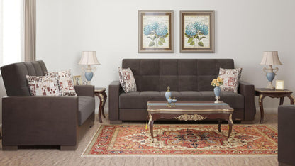 Modern design, Friar Brown, Dark Brown , Microfiber, Artificial Leather upholstered convertible sleeper Sofabed with underseat storage from Voyage Track by Ottomanson in living room lifestyle setting with another piece of furniture. This Sofabed measures 90 inches width by 36 inches depth by 41 inches height.