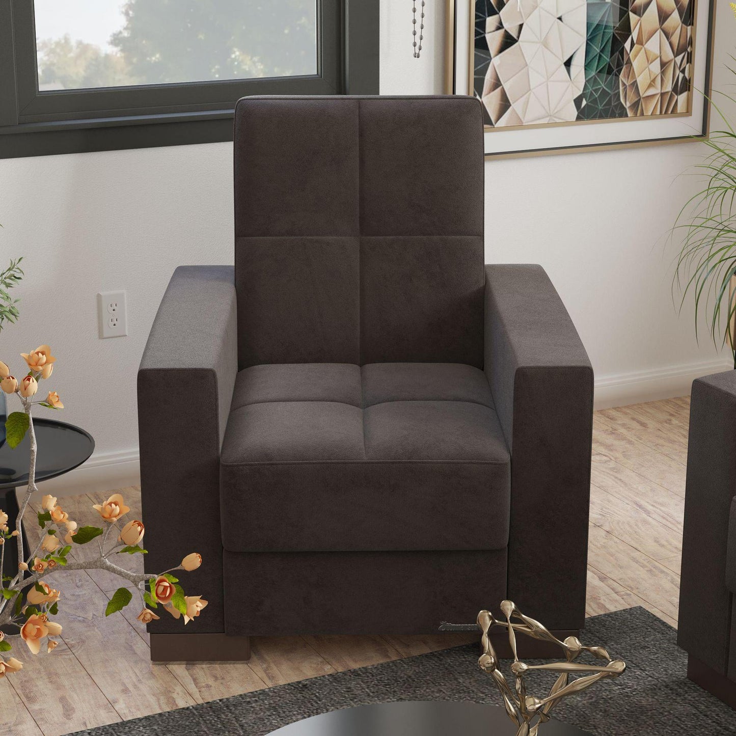 Modern design, Friar Brown , Microfiber upholstered convertible Armchair with underseat storage from Voyage Track by Ottomanson in living room lifestyle setting by itself. This Armchair measures 38 inches width by 36 inches depth by 41 inches height.