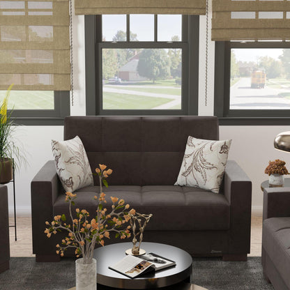 Modern design, Friar Brown , Microfiber upholstered convertible sleeper Loveseat with underseat storage from Voyage Track by Ottomanson in living room lifestyle setting by itself. This Loveseat measures 67 inches width by 36 inches depth by 41 inches height.