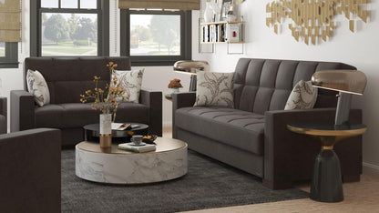 Modern design, Friar Brown , Microfiber upholstered convertible sleeper Loveseat with underseat storage from Voyage Track by Ottomanson in living room lifestyle setting with another piece of furniture. This Loveseat measures 67 inches width by 36 inches depth by 41 inches height.