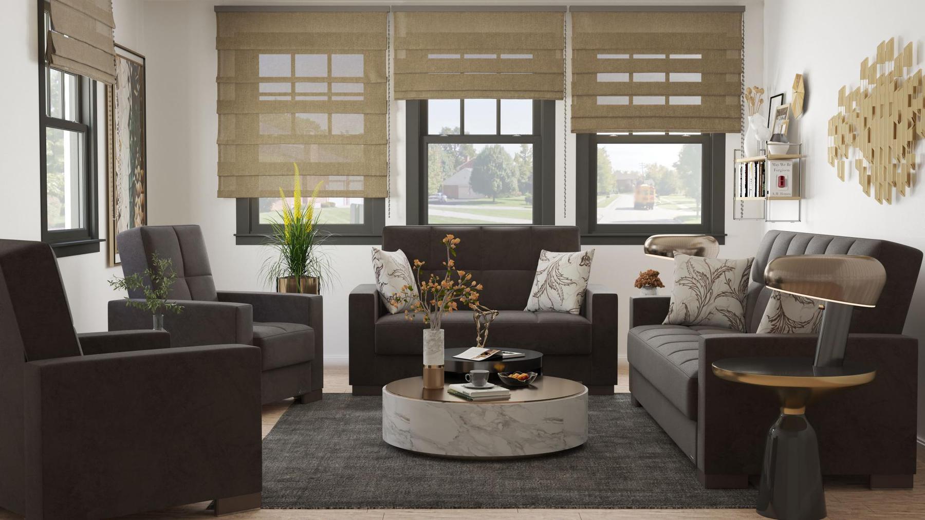 Modern design, Friar Brown , Microfiber upholstered convertible sleeper Loveseat with underseat storage from Voyage Track by Ottomanson in living room lifestyle setting with the matching furniture set. This Loveseat measures 67 inches width by 36 inches depth by 41 inches height.
