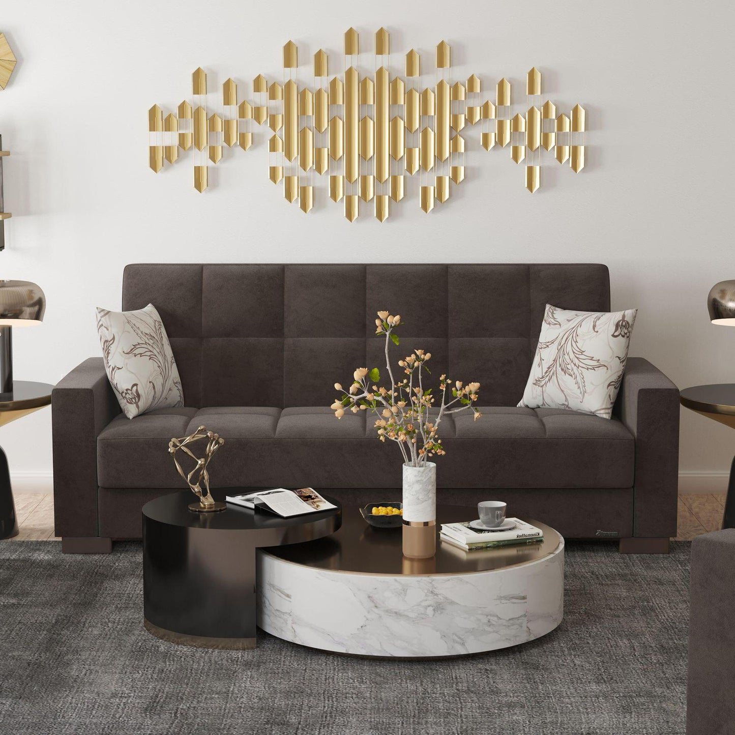 Modern design, Friar Brown , Microfiber upholstered convertible sleeper Sofabed with underseat storage from Voyage Track by Ottomanson in living room lifestyle setting by itself. This Sofabed measures 90 inches width by 36 inches depth by 41 inches height.
