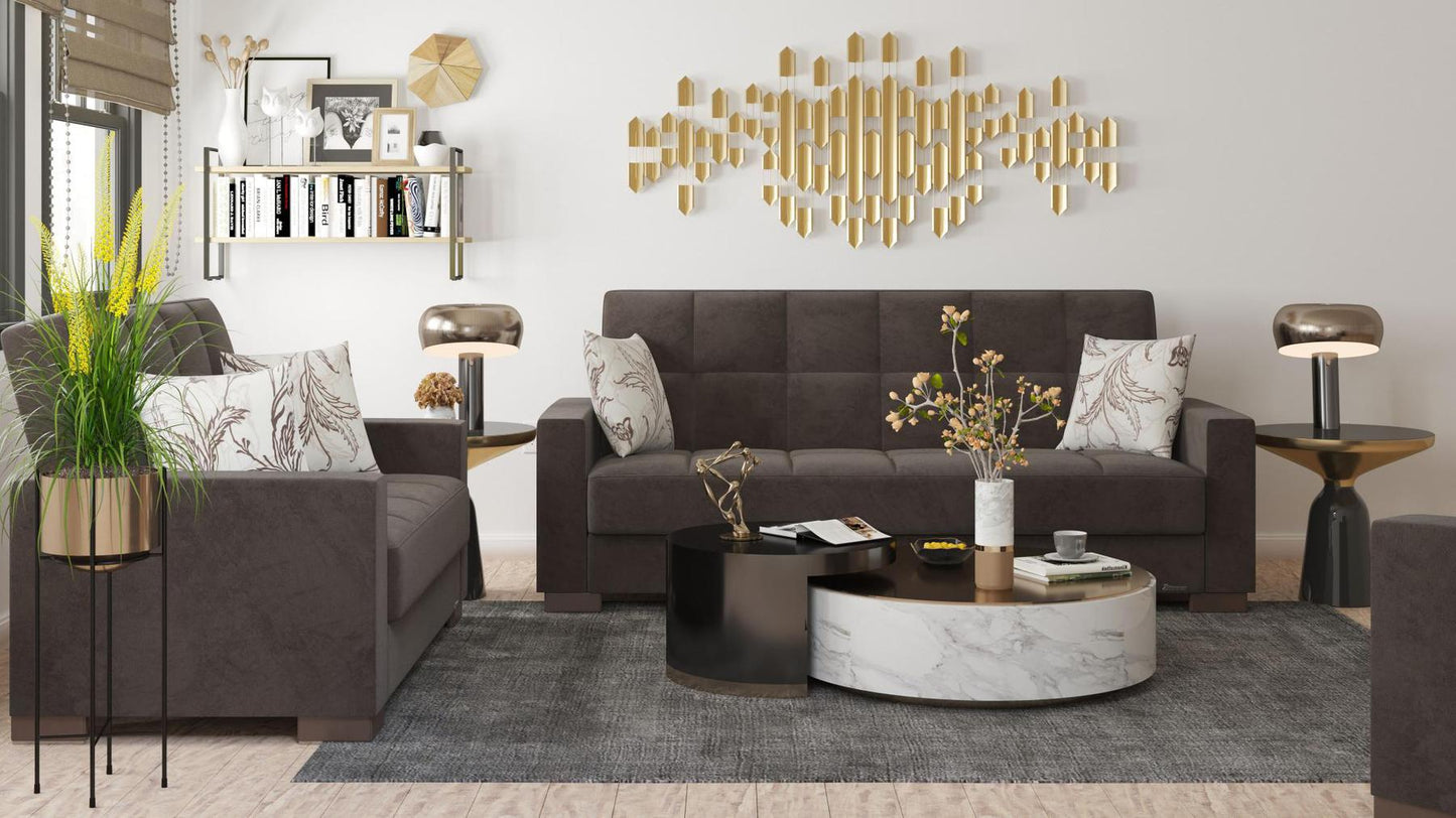 Modern design, Friar Brown , Microfiber upholstered convertible sleeper Sofabed with underseat storage from Voyage Track by Ottomanson in living room lifestyle setting with another piece of furniture. This Sofabed measures 90 inches width by 36 inches depth by 41 inches height.