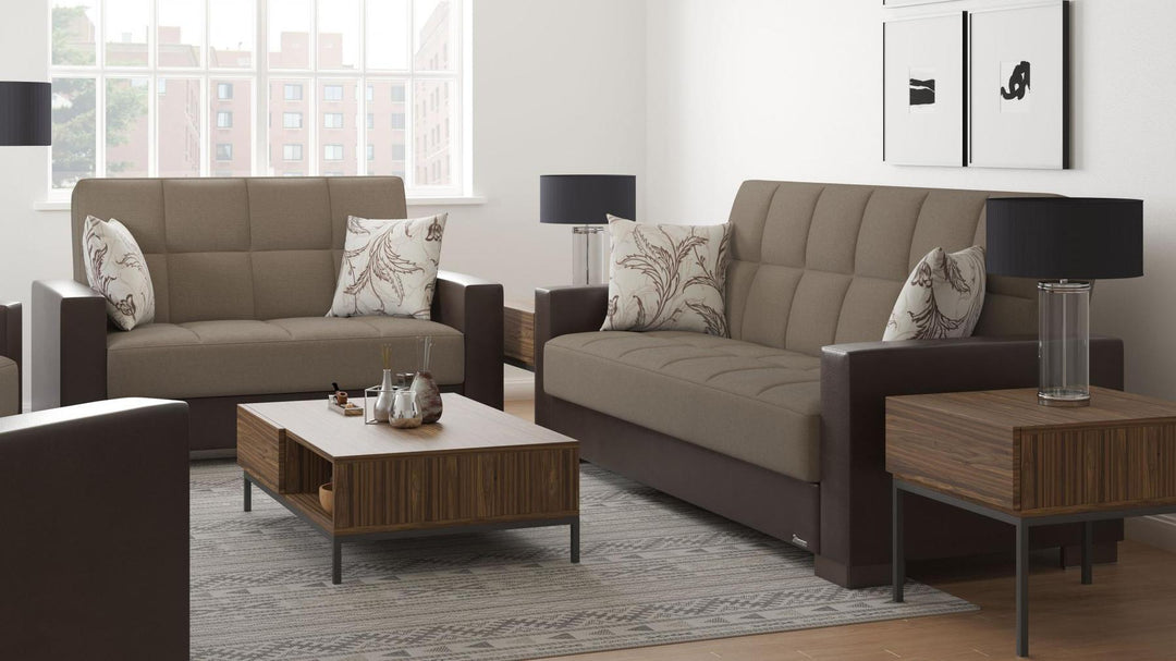 Modern design, Light Taupe, Dark Brown , Chenille, Artificial Leather upholstered convertible sleeper Loveseat with underseat storage from Voyage Track by Ottomanson in living room lifestyle setting with another piece of furniture. This Loveseat measures 67 inches width by 36 inches depth by 41 inches height.