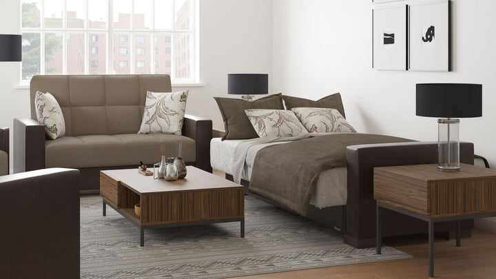 Modern design, Light Taupe, Dark Brown , Chenille, Artificial Leather  upholstered convertible sleeper Loveseat with underseat storage from Voyage Track by Ottomanson in living room lifestyle setting converted to sleeper. This Loveseat measures 67 inches width by 36 inches depth by 41 inches height.