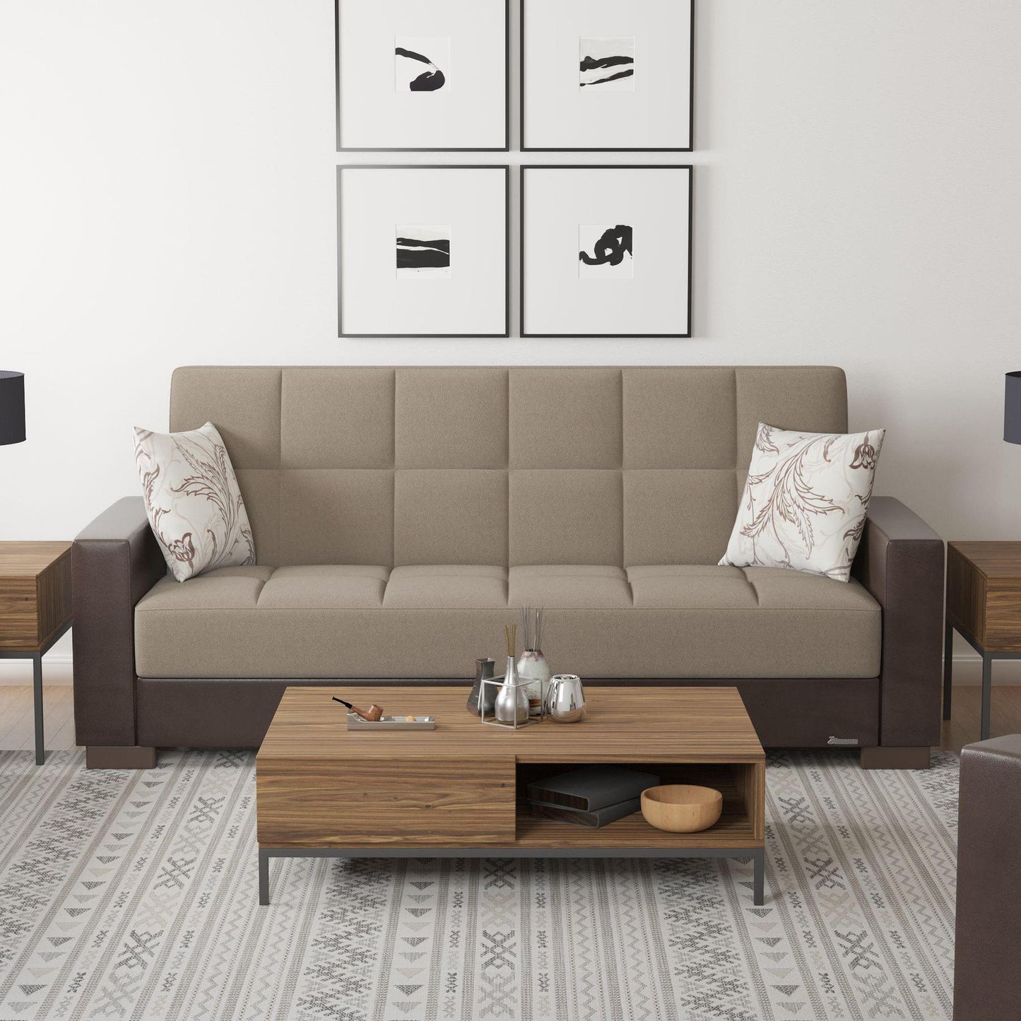 Modern design, Light Taupe, Dark Brown , Chenille, Artificial Leather upholstered convertible sleeper Sofabed with underseat storage from Voyage Track by Ottomanson in living room lifestyle setting by itself. This Sofabed measures 90 inches width by 36 inches depth by 41 inches height.